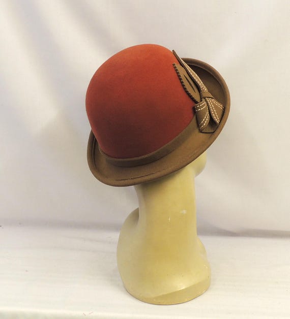 Vintage 40s Womens Felt Wool Hat Orange Brown Cloche Bowler Women Vintage Solid Color Cloche Hat, Fashion Felt Bucket  main image 4