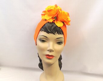 Orange  Floral Vintage 1940s style  Turban