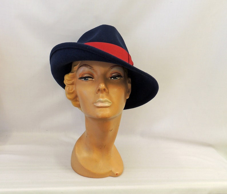1930s Style Hats | Buy 30s Ladies Hats     Blue Vintage style 1930’s 1940’s inspired 100% Wool Felt Large Brim Tilt Fedora Hat  AT vintagedancer.com