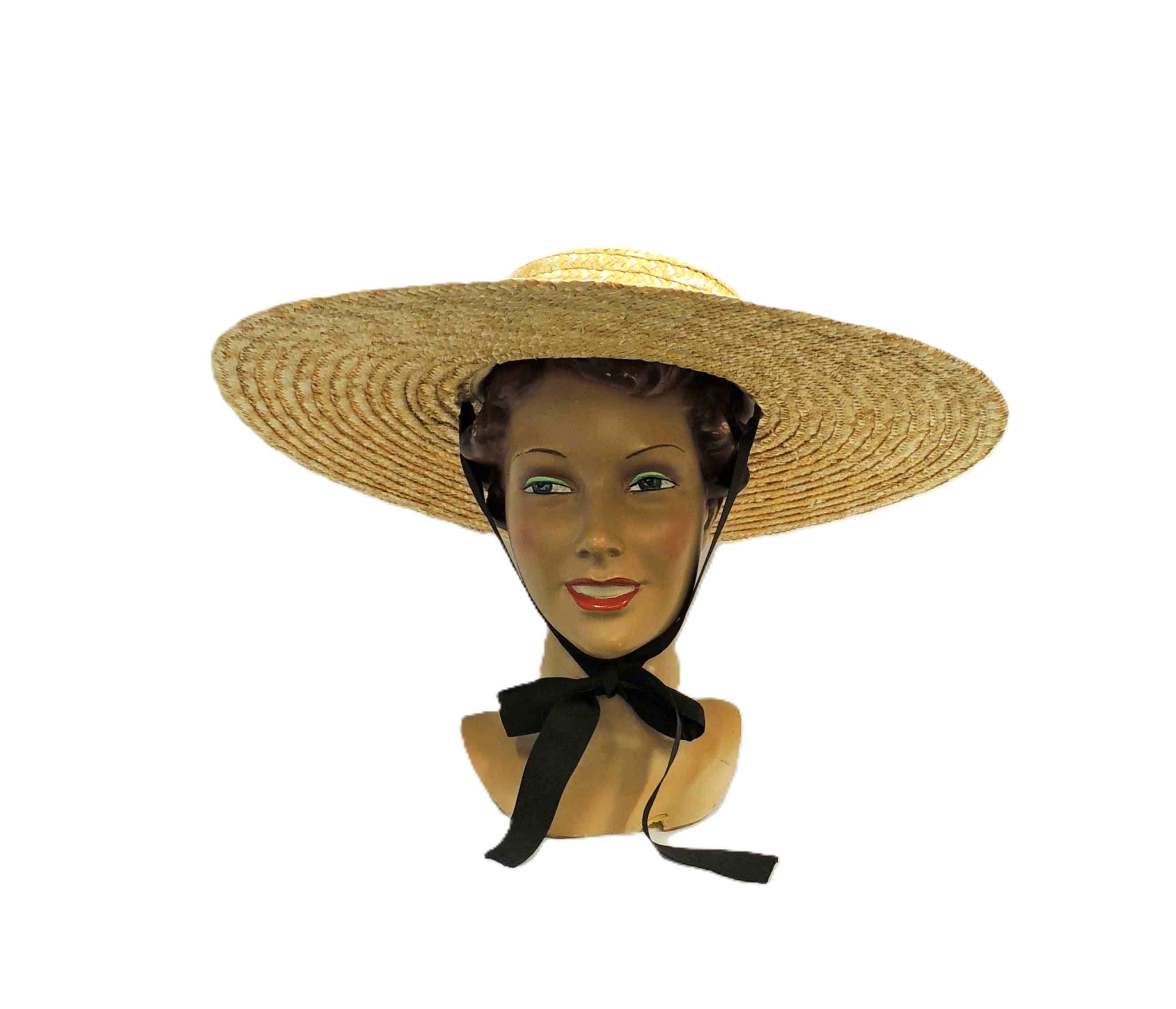WINSOME 1940\'s STRAW WIDE BRIM FEDORA WITH GROSGRAIN BOW & STRAW BALLS Huge Original 1940 main image 3