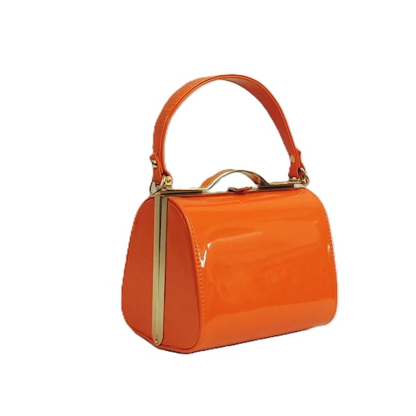 Bolso de mano Audrey Orange estilo vintage años 40-50, con asa superior, diseño patentado y estructura de caja.