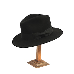 Black Classic Wide Brim 100% Wool Fedora Hat Vintage 1930s 1940s style