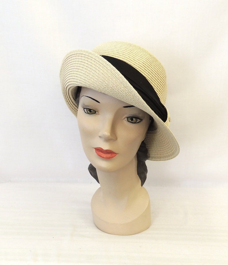 Neutral Beige Vintage Style 1930s 1940s wide brim Cloche Hat image 1