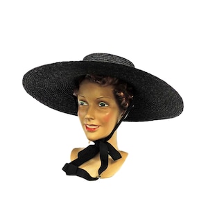 1950s Black Straw Hat Featuring‎ Grosgrain Ribbon Around Crown & Into Bow Vintage 1950s Black Straw Hat: Mid Century Ribbon Detail - Etsy main image 4
