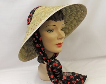 Vintage style 1940s 50s Tiki Sun Coolie Hat with Cherry  Print Chiffon Tie scarf