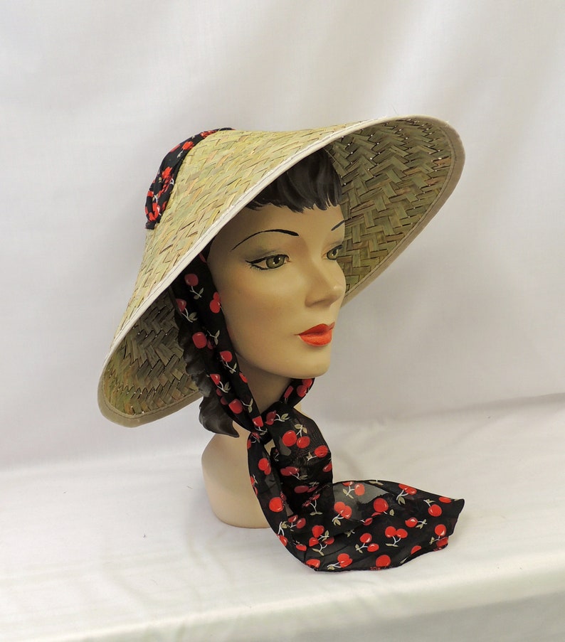 Vintage Hats | Old Fashioned Hats | Retro Hats     Vintage style 1940s 50s Tiki Sun Coolie Hat with Cherry  Print Chiffon Tie scarf  AT vintagedancer.com