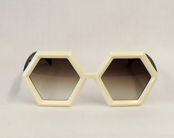 Mia Ivory & Black Hexagon Sunglasses  Retro 1960's 1970s style  UV400