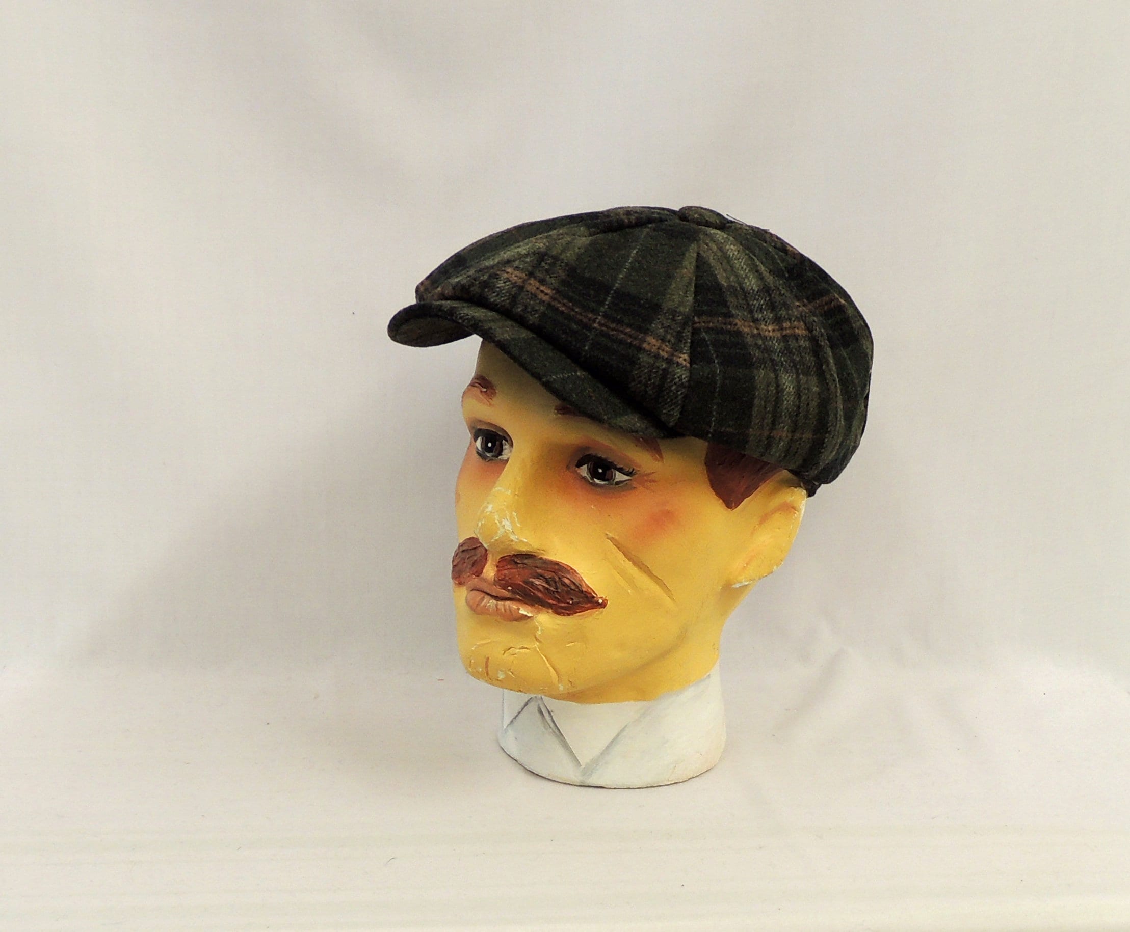 Checked 8 Panel Plaid Green Grey Baker Boy News Boy Cap Hat