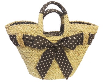 Brown  Polka Dot Vintage style Straw Basket 1940s 50s style