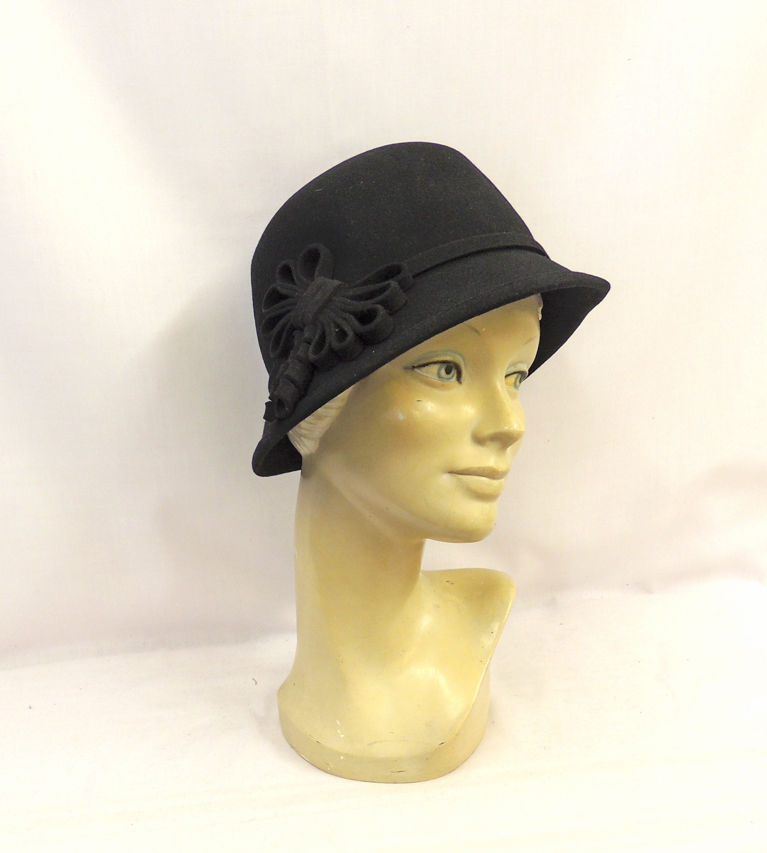 Vintage Black Wool Cloche Hat Bucket Hat with Contrast Stitching Elle Wool Felt Bucket/Cloche Hat – Village Hat Shop main image 4
