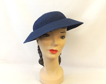 Navy Blue  Vintage Style 1930s 1940s  Canopy  Brim  Summer Sun Hat