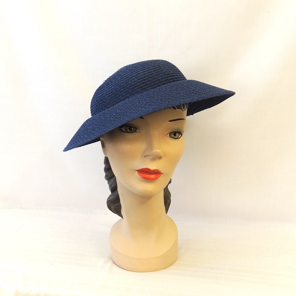 Navy Blue  Vintage Style 1930s 1940s  Canopy  Brim  Summer Sun Hat