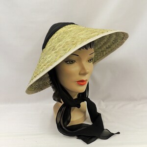 Vintage style 1940s 50s Tiki Sun Coolie Hat with Black Chiffon Tie scarf image 2