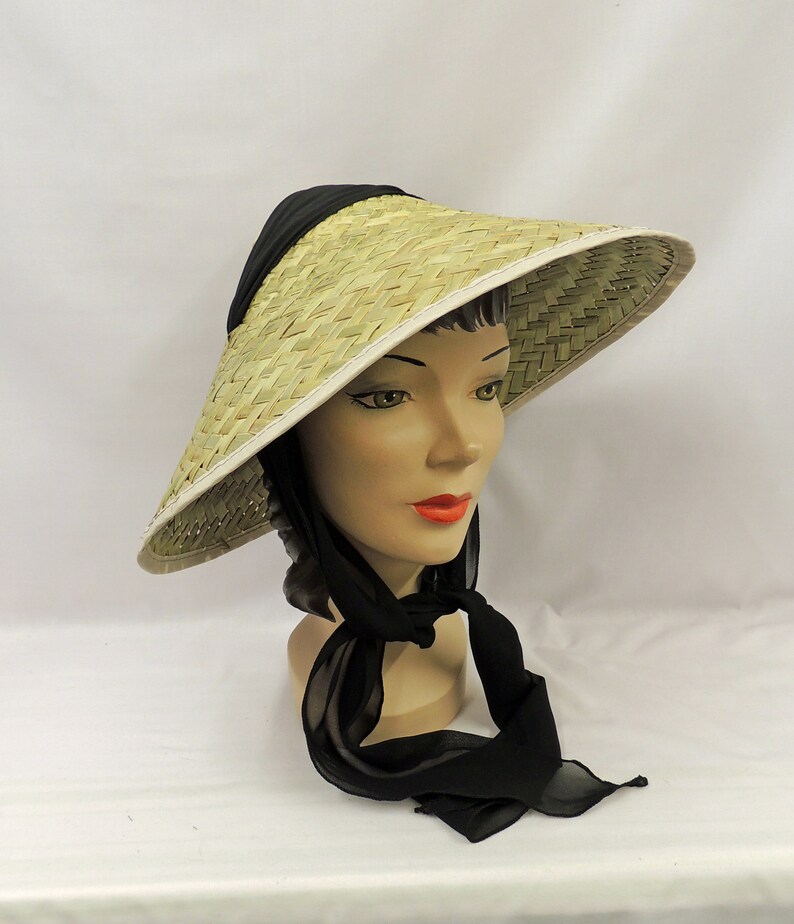 Vintage style 1940s 50s Tiki Sun Coolie Hat with Black Chiffon Tie scarf image 2