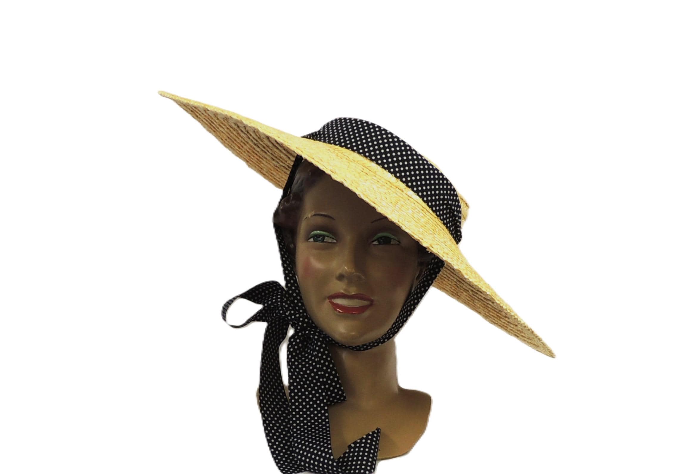 Vintage 1940s WWII Era Wide-Brim Straw Cartwheel Hat 40s/50s Navy New Look Cartwheel Hat | Straw Platter Hat  main image 2