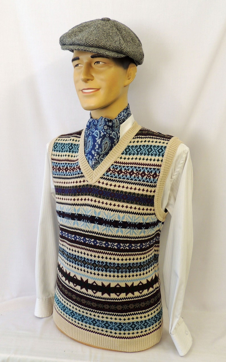 1920s Style Mens Vests, Pullovers, FairIsle Knits     Beige & Blue  Mens Vintage style 1930s 40s WW2 Wartime Fair isle knit slip over Tank Top  AT vintagedancer.com