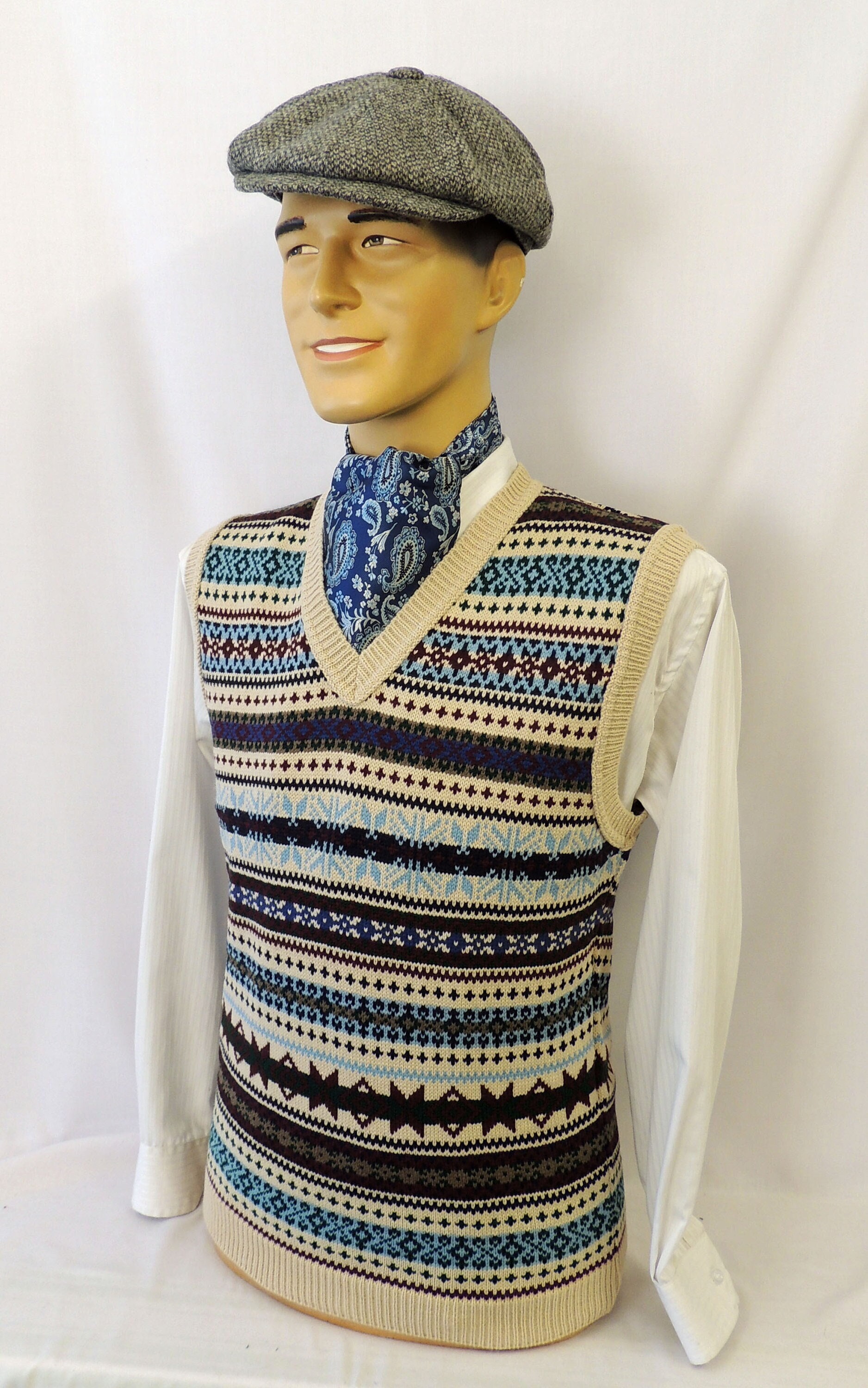 Beige & Blue Mens Vintage Style 1930's 40's WW2 Wartime Fair Isle