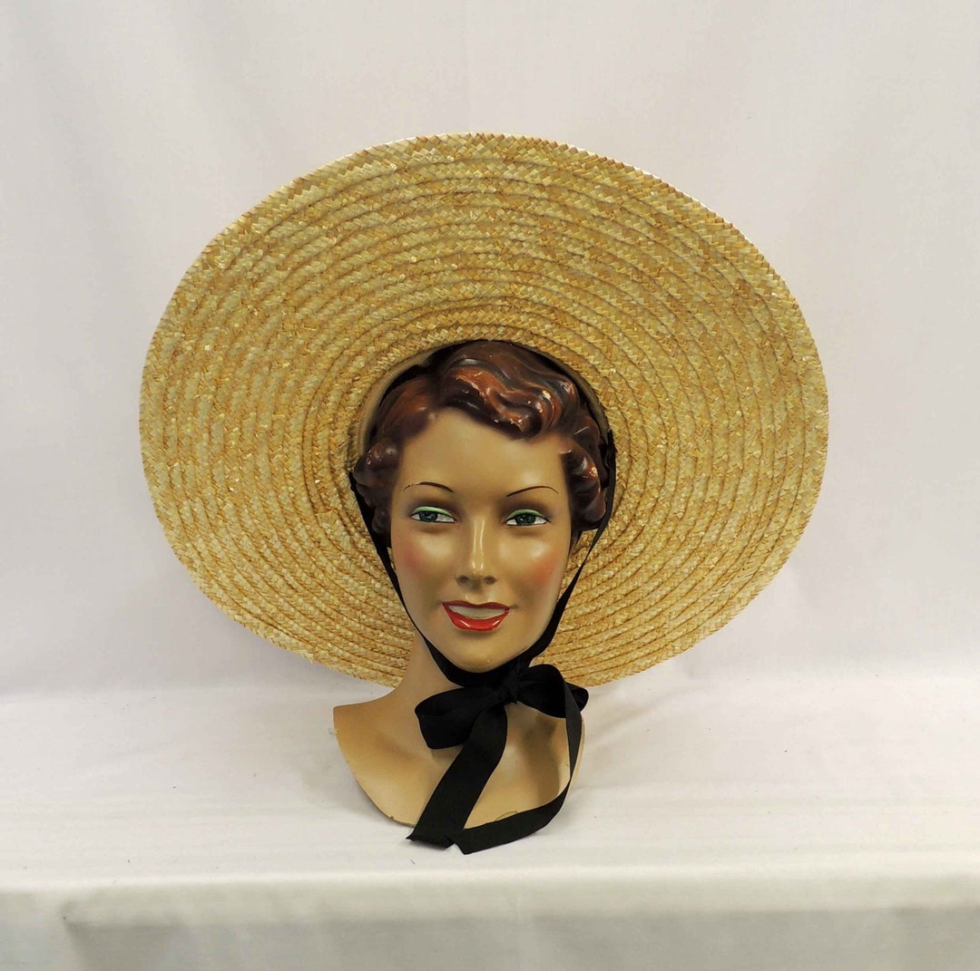 SUPERB 1940s\' BROWN STRAW TILT WIDE BRIM HAT WITH METAL STUDS 40s Vintage Platter Hat Brown Women main image 4