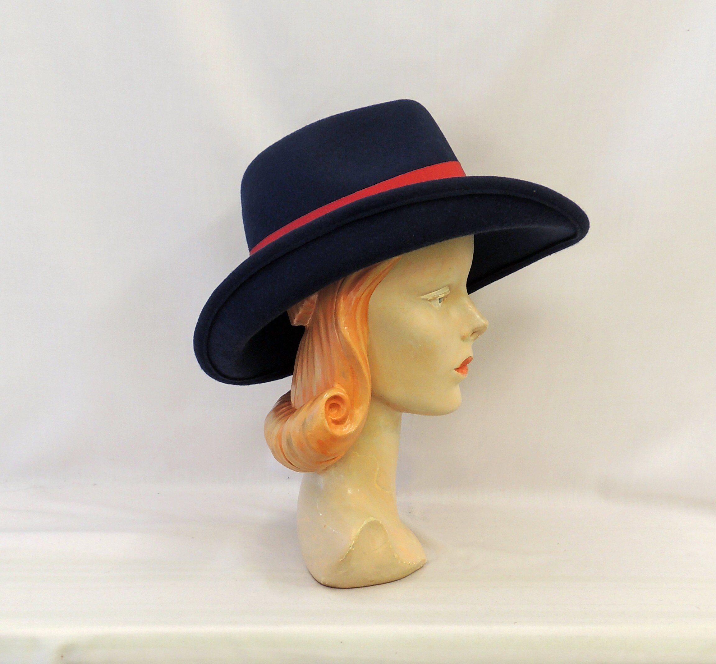 1940s Pointed Blue Hat with Long Black Veil Turned Up Brim Size 7 1/2 VINTAGE Blush Rose Black Hat w/ Dramatic Veil circa 1940s  main image 2