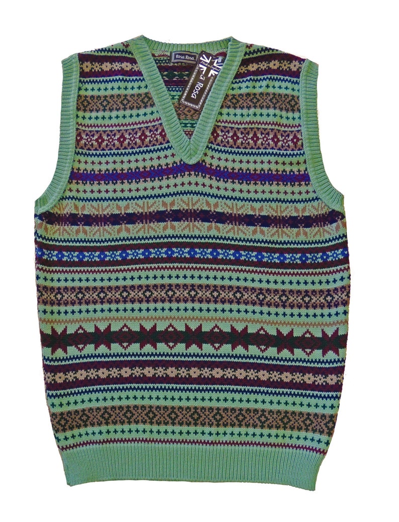 1920s Style Mens Vests, Pullovers, FairIsle Knits     Green Mens Vintage style 1930s 40s WW2 Wartime Fair isle knit slip over  Tank Top  AT vintagedancer.com