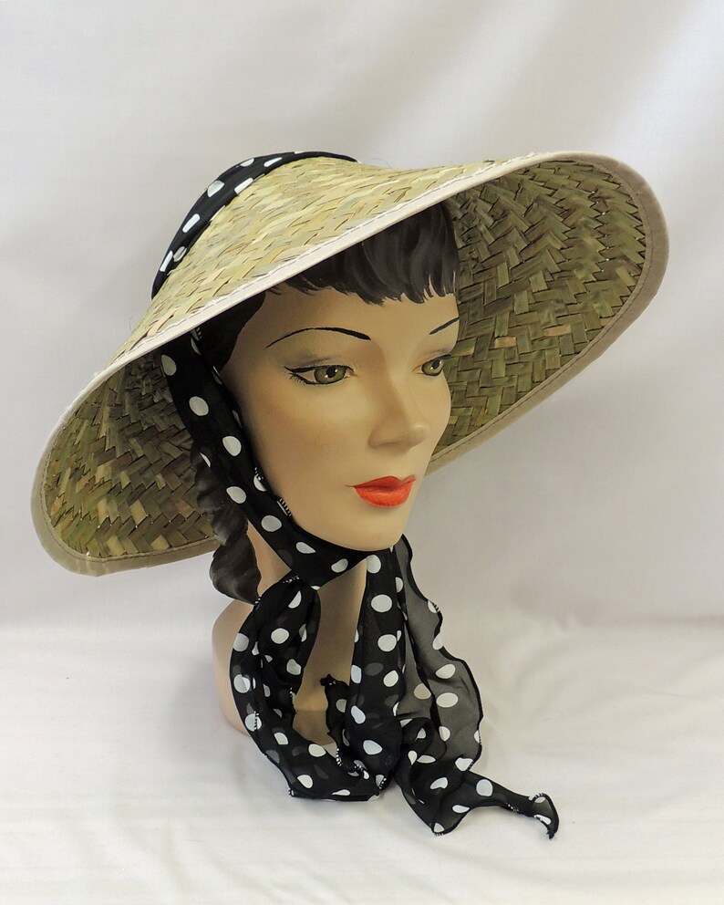 Vintage Style 1940s 50s Tiki Sun Coolie Hat With Black Polka Etsy Uk
