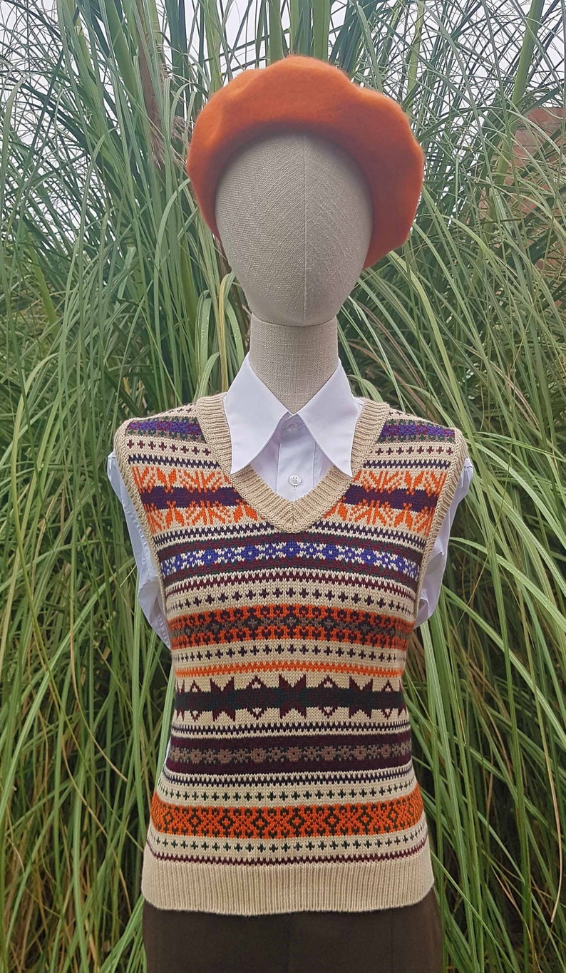 1920s Style Blouses, Shirts, Vest, Sweaters, Cardigans     Beige & Orange  Ladies  Vintage style 1930s 40s WW2 Wartime Fair isle knit slip over Tank Top  AT vintagedancer.com