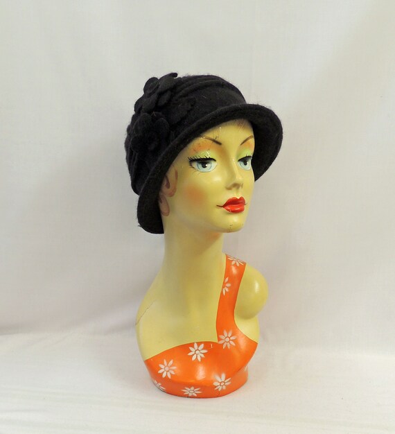 Magdalena Black Soft 100% Wool 1920s 1930s Vintage Style Cloche 