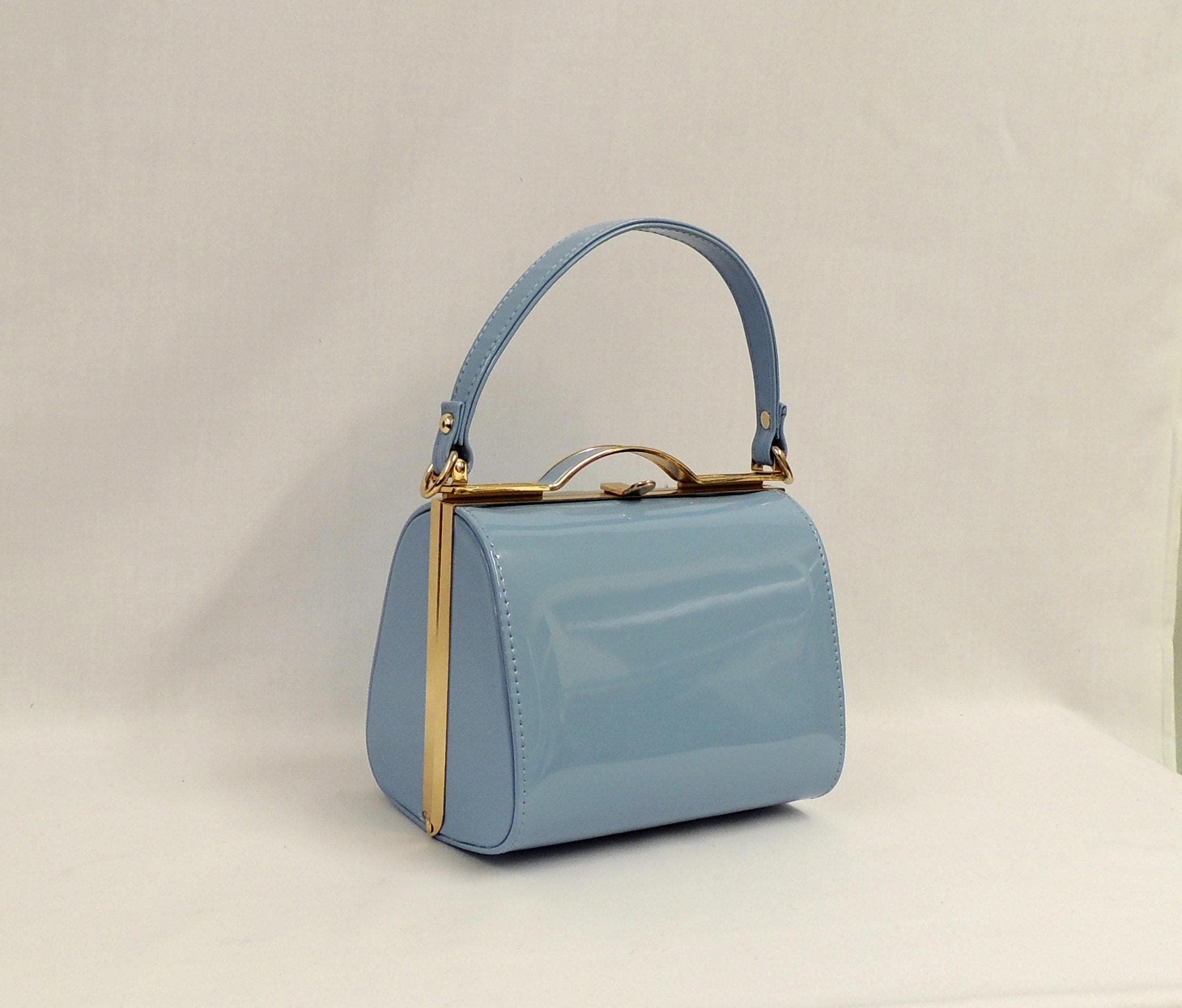 Audrey Baby Blue Vintage Style 1940s 1950s Top Handel Patent Box