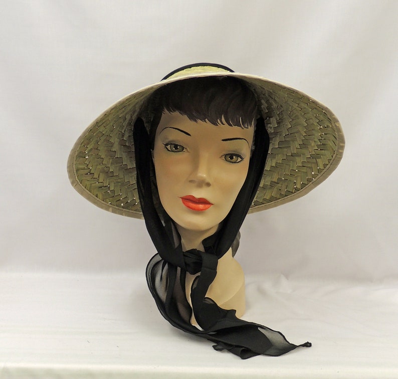 Vintage style 1940s 50s Tiki Sun Coolie Hat with Black Chiffon Tie scarf image 1