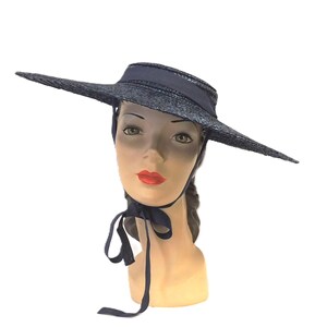 Blue Large Brim Raffia Cartwheel / Platter  Summer Sun Hat 1940s 50's Vintage style Large 6 inch Flat Brim