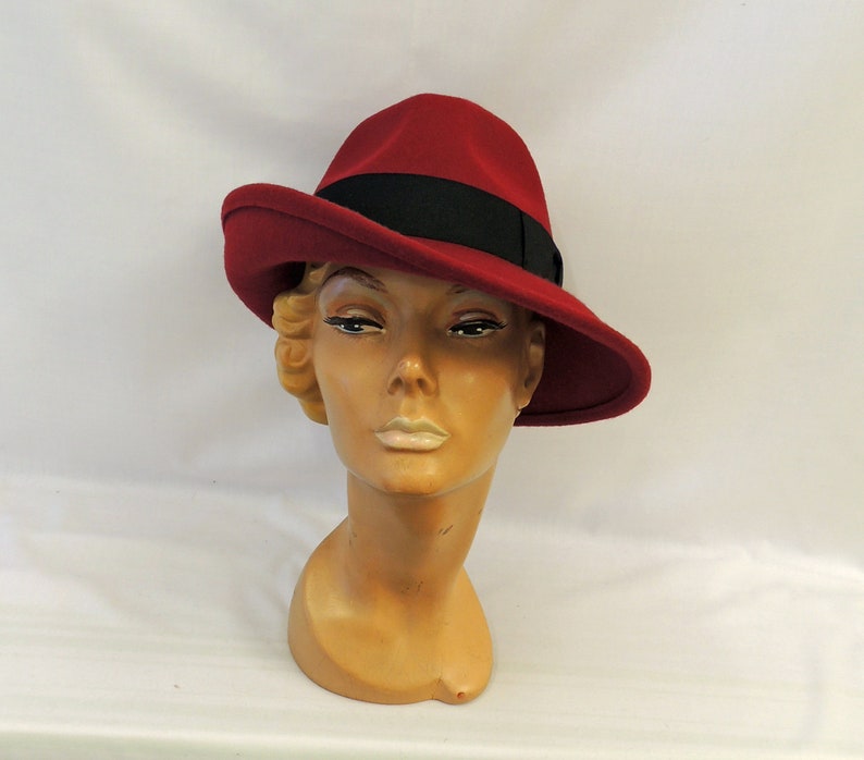 1930s Style Hats | Buy 30s Ladies Hats     Wine Vintage style 1930’s 1940’s inspired 100% Wool Felt Large Brim Tilt Fedora Hat  AT vintagedancer.com