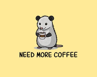 Divertido mapache zarigüeya bebiendo café. Diseño sarcástico en formato PNG.