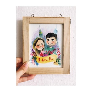 Handgeschilderde Aangepaste paar aquarel schilderij met frame; paar illustratie; relatie/vriendschapsjubileum; persoonlijk cadeau