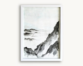 Monochromatic, minimalist, Chinese-inspired landscape, scenery, architecture Watercolor painting from photo; personal gift; handpainted