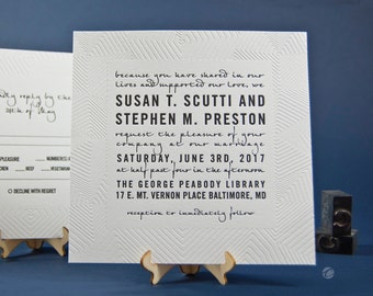 Letterpress Wedding Invitation. Modern Wedding Invite, Blind Letterpress,  Art Deco Semi - Customizable Wedding Invitation- Sample