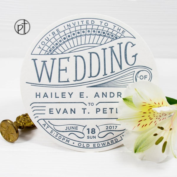 Unique Wedding Invitation, Beer Coaster Invite Set, Elegant Wedding Suite, Hand Lettering, Letterpress - Sample