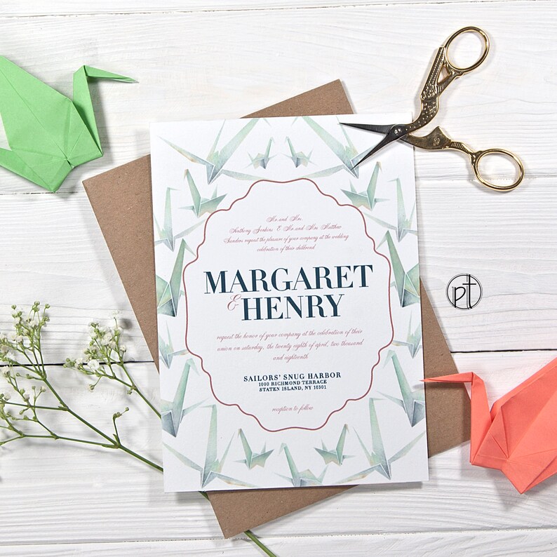 Origami Paper Crane Wedding Invitation Watercolor Etsy