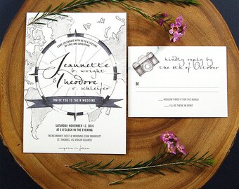 Adventure Travel Wedding Invitation, Destination Wedding Invitation Suite, Watercolor, Compass Wedding Suite - Sample