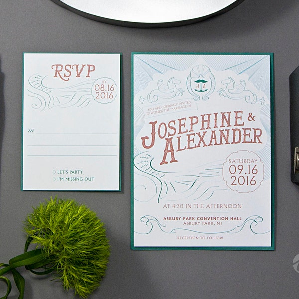 Carnival Wedding Invitation, Vintage Asbury Park Wedding Invitation , Offbeat Wedding, Unique Invites  - Sample