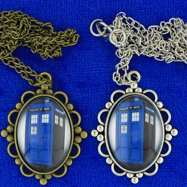 Dr Who Tardis Police Box Necklace or Keychain Doctor Who Black through White Background