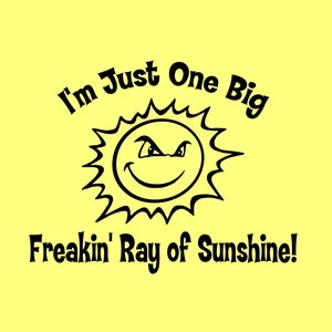 May include: Black and white illustration of a sun with a smiling face and the text "I'm Just One Big Freakin' Ray of Sunshine!"