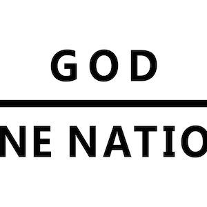 May include: A minimalist graphic design with the words "GOD" above a horizontal line, and "ONE NATION" below it, all in bold black font against a white background.