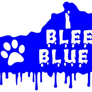 以下が含まれることがあります： 白い足跡と「I BLEED BLUE」という白い文字が書かれた青い州のシルエットです。