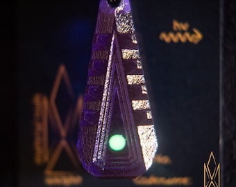 Entry Tactility, translucent geometric pendant made of dark purple resin, green glowing inlays, futuristic jewelry, cyberpunk, sci-fi, tron