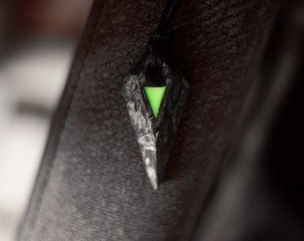 Pure, MATT, forged carbon fiber pendant with green glowing inlay, modern geometric necklace, composite jewelry, cyberpunk, sci-fi cosplay
