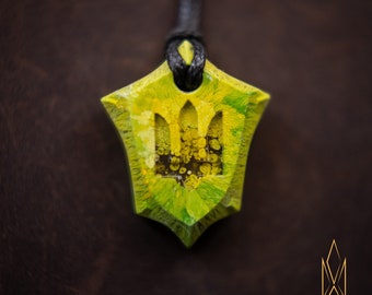 Entry Ukrainian Guardian, Ukraine trident, patriotic, coat of arms  semi translucent pendant made of yellow-green resin, bright jewelry