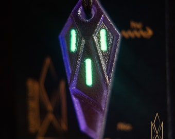 Entry Serpent, translucent pendant made of dark colorshift purple resin, green glowing inlays, futuristic jewelry, cyberpunk, sci-fi, tron