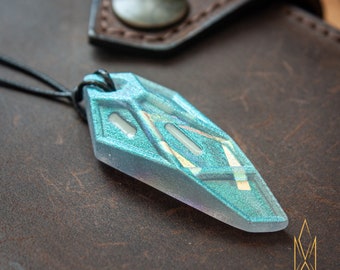 Entry Serpent, translucent pendant made of opalescent green resin and green glowing inlays, futuristic jewelry, cyberpunk, sci-fi, tron