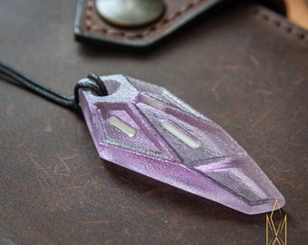 Entry Serpent, translucent pendant made of light purple resin and green glowing inlays, futuristic jewelry, cyberpunk, sci-fi, tron