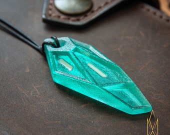 Entry Serpent, translucent pendant made of light green blue resin and green glowing inlays, futuristic jewelry, cyberpunk, sci-fi, tron